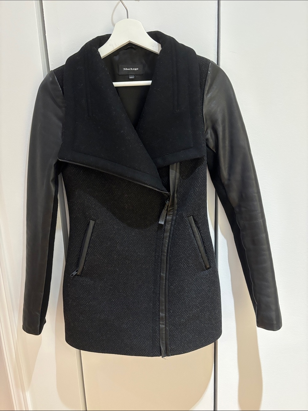 Mackage Black Mixed-Media Leather Sleeve Asymmetric Jacket